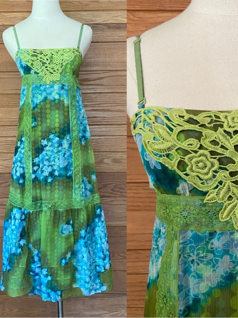 Vintage Y2K Free People silk cotton blue and green floral printed midi dress